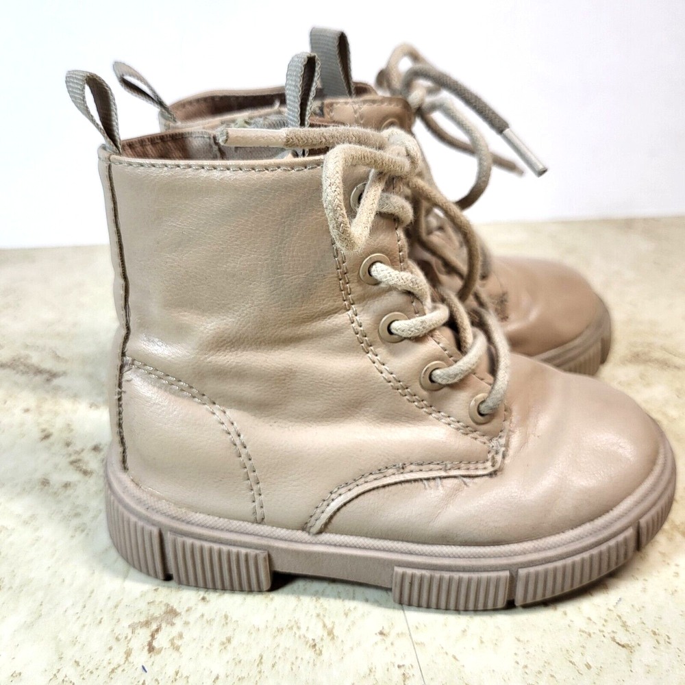 Zara Kids Tan High Top Boot‎ Thick Sole Inside Zipper Tie Front Tabs EU 22